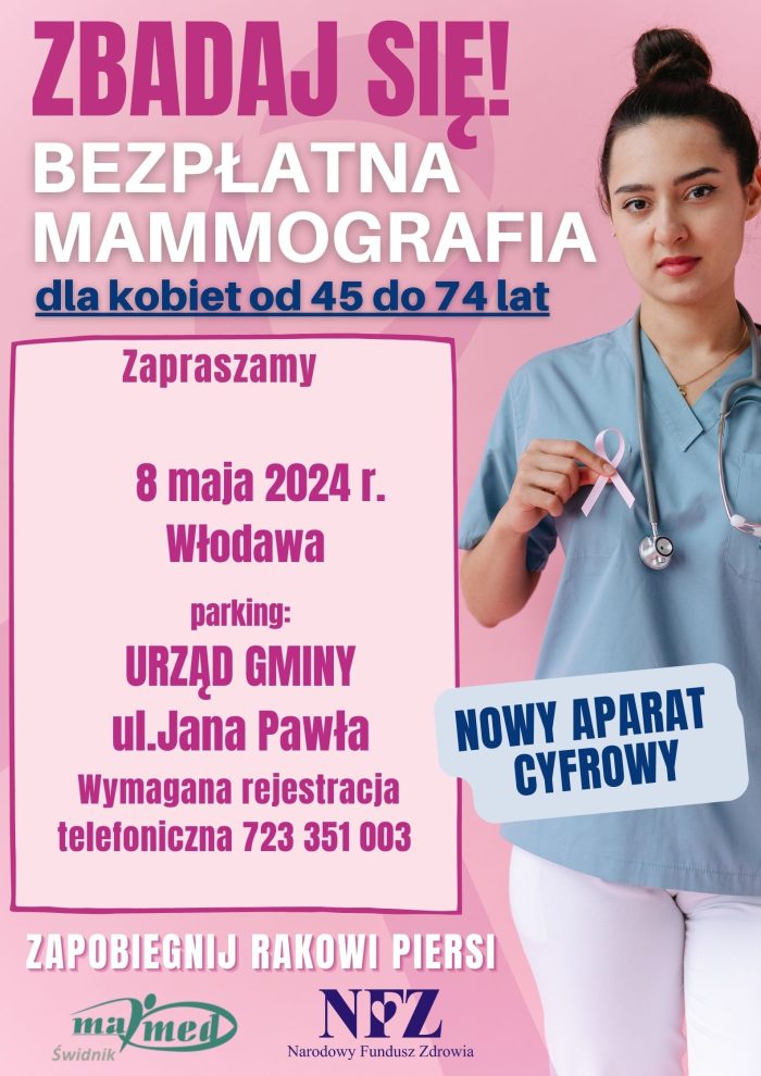 Plakat - Bezpłatna mammografia dla Pań w wieku 45-74 lat.
