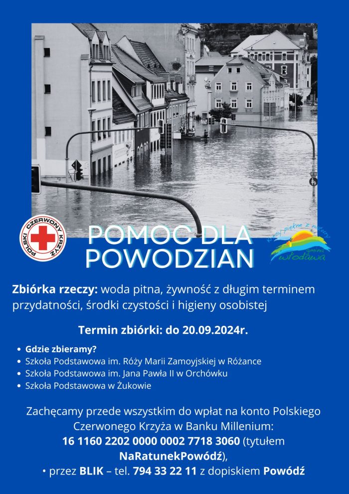 Zdjęcie przedstawia plakat z grafiką powodzi. Pod zdjęciem jest zamieszczona informacja o prowadzonych zbiórkach rzeczowych w szkołach podstawowych Gminy Włodawa oraz informacja o możliwości wpłat finansowych na konta PCK.