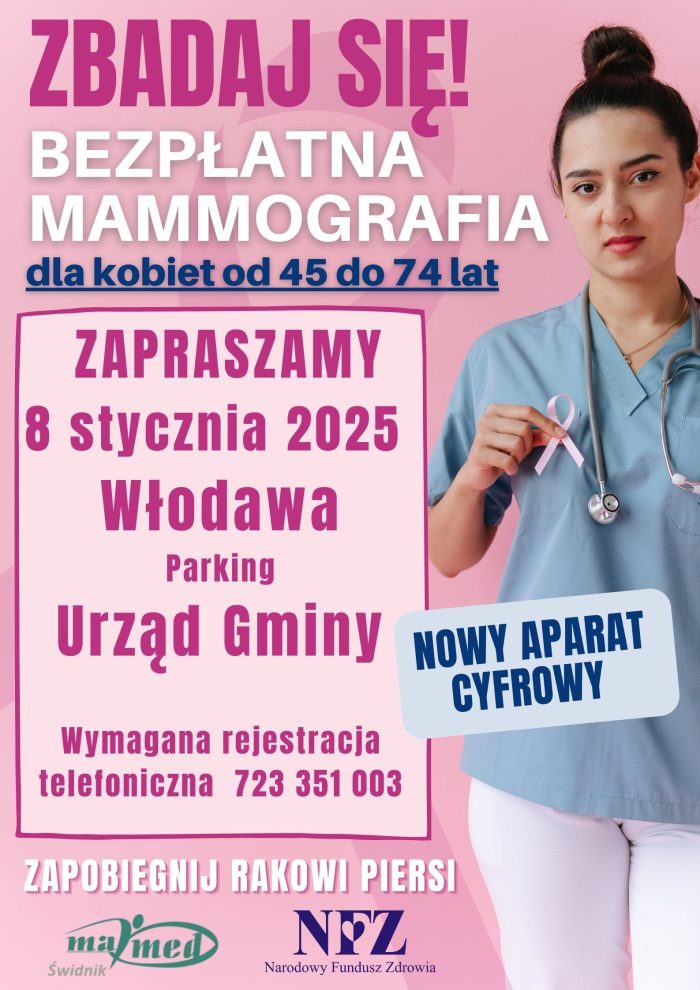 plakat - Bezpłatna mammografia dla Pań w wieku 45-74 lat.