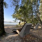 Jezioro Glinki – Dwa kamienno-drewniane siedziska ustawione na plaży pośród drzew nad jeziorem.