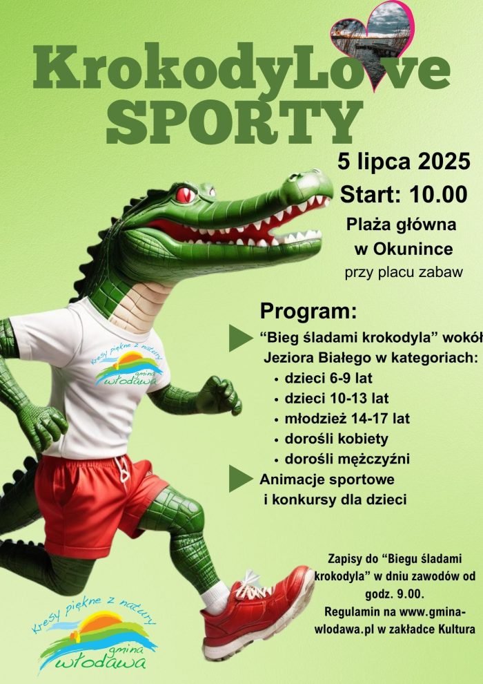 Plakat, na którym widać animowanego krokodyla zachęcający do udziału w zawodach sportowych KrokodyLove Sporty 2025