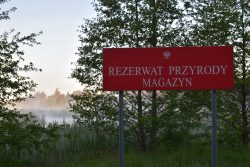 Magazyn – Na zdjęciu widać czerwoną tablicę z napisem „Rezerwat Przyrody Magazyn”, a za nią tereny bagienne pokryte ranną mgłą
