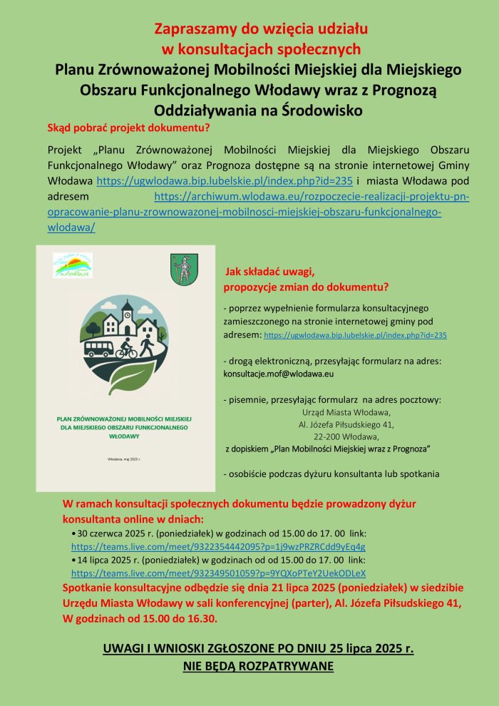 OGŁOSZENIE o konsultacjach społecznych projektu Planu Zrównoważonej Mobilności Miejskiej dla Miejskiego Obszaru Funkcjonalnego Włodawy wraz z Prognozą oddziaływania na środowisko