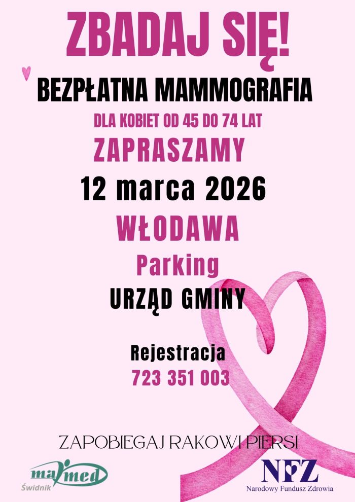 Plakat - Bezpłatna mammografia dla Pań w wieku 45-74 lat.
