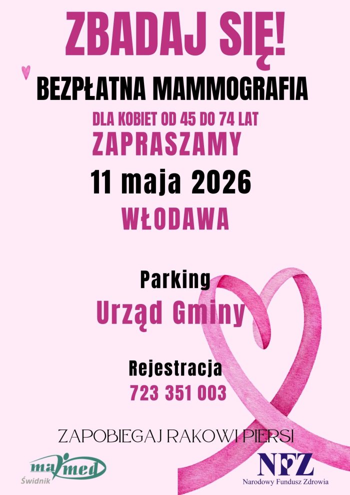 Bezpłatna mammografia dla Pań w wieku 45-74 lat.