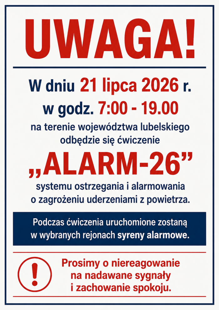 Plakat - Ćwiczenia systemu ostrzegania i alarmowania.